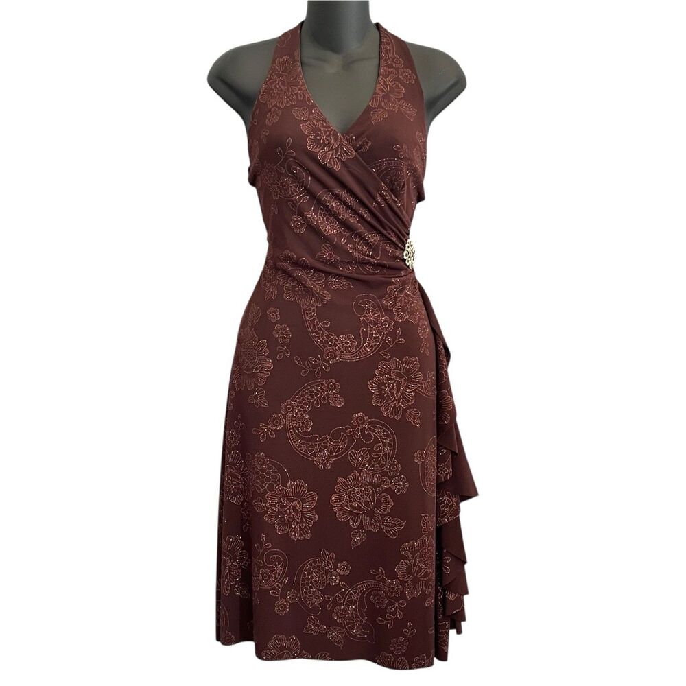 B Darlin Y2K Halter Wrap Dress Juniors 3/4 Brown Floral Ruffled Asymmetric Vtg
